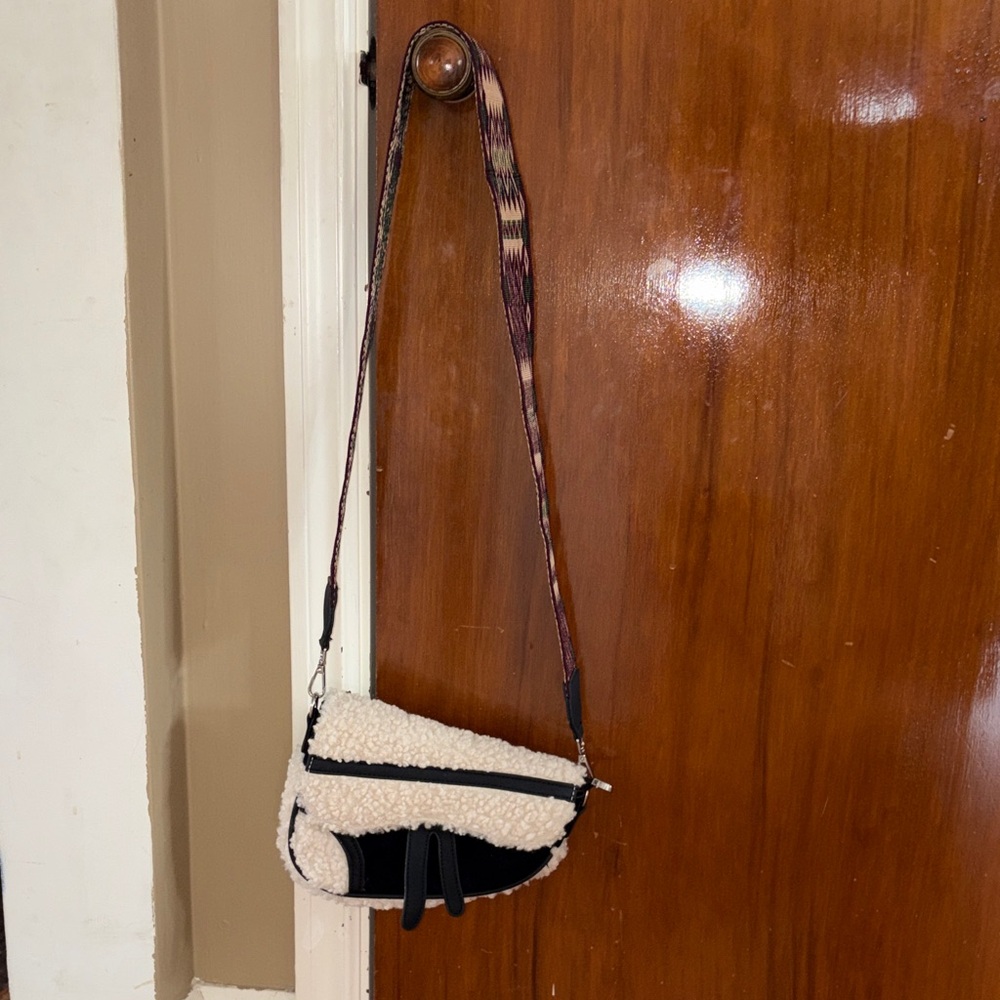 Shearling Saddle Crossbody Bag in Cream and Black